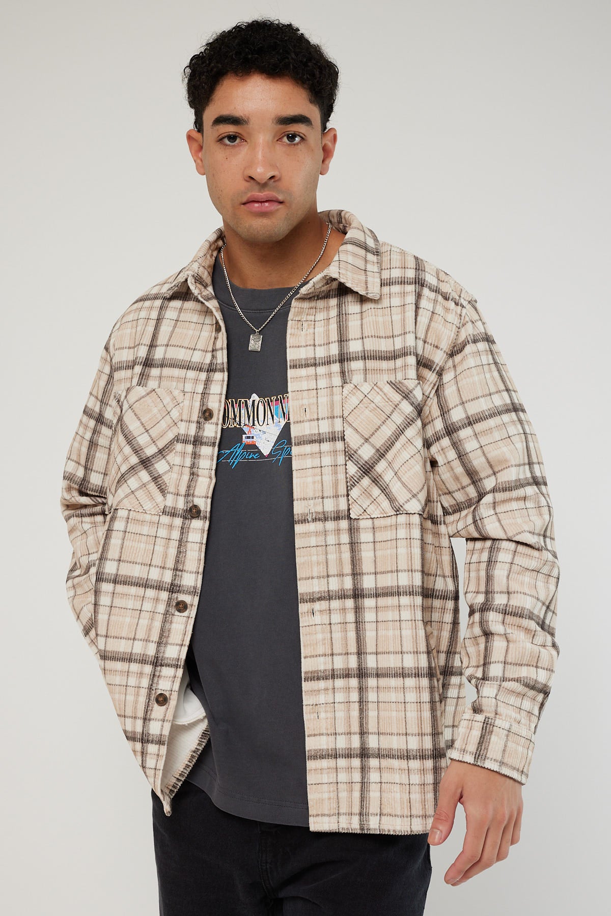 Common Need Dalston Plaid Cord Overshirt Oat/Green Check