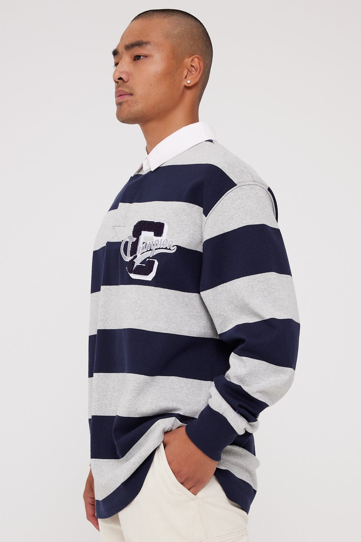 Champion Heritage Collegiate Long Sleeve Rugby Navy/Oxford Heather Stripe