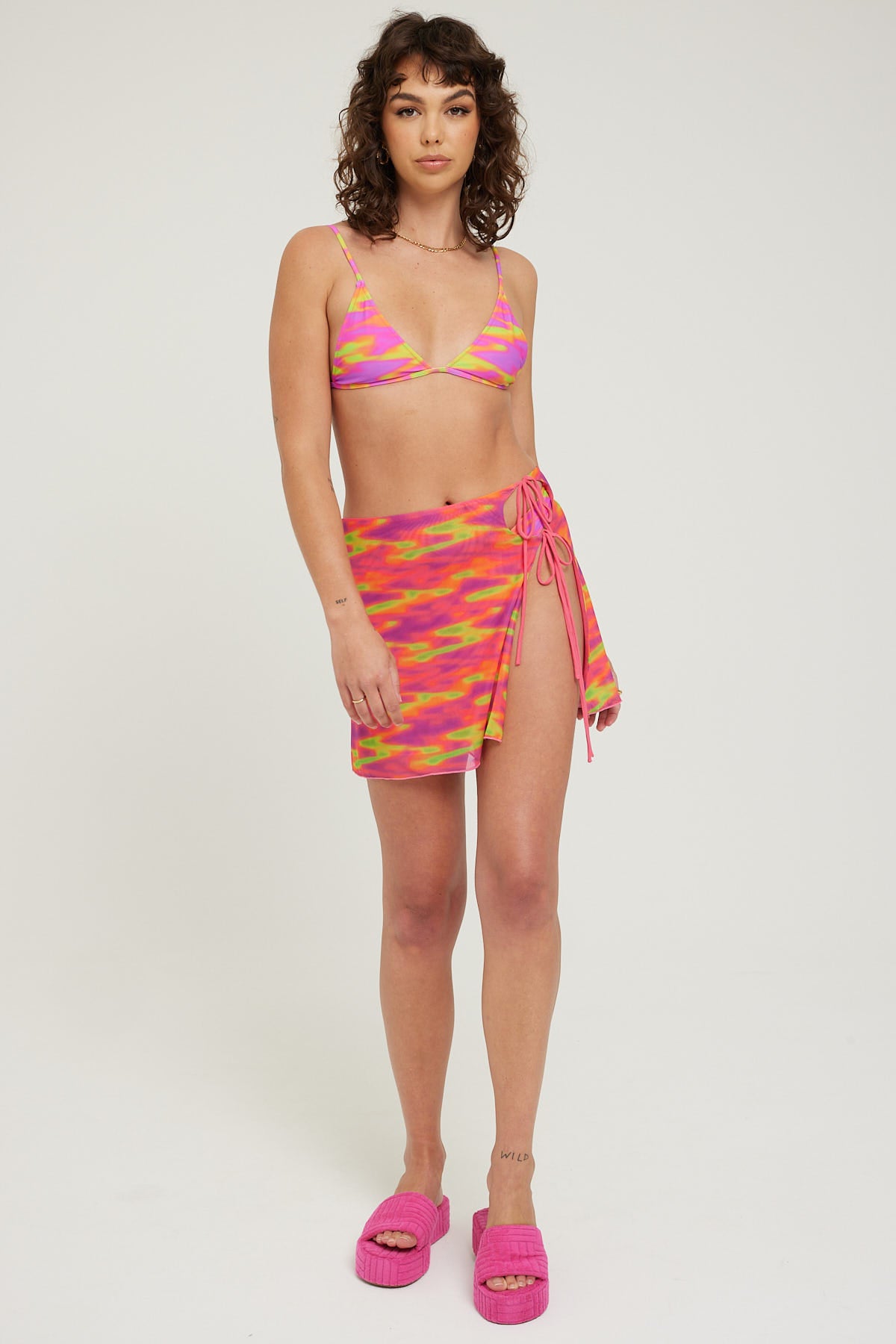 Luck & Trouble Ripple Wave Cover Up Mesh Skirt Pink Print