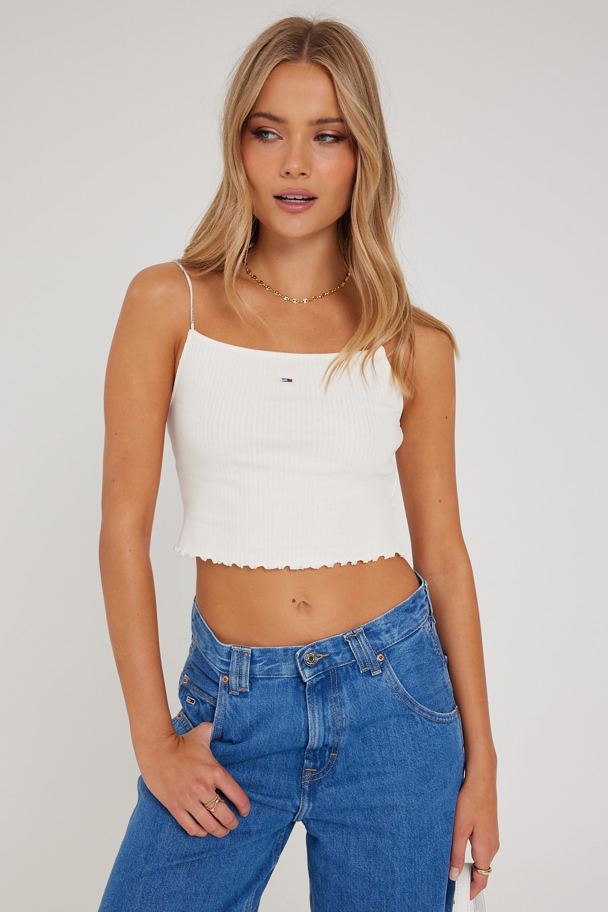 Tommy Jeans TJW Crop Pointelle Rib Top Ancient White