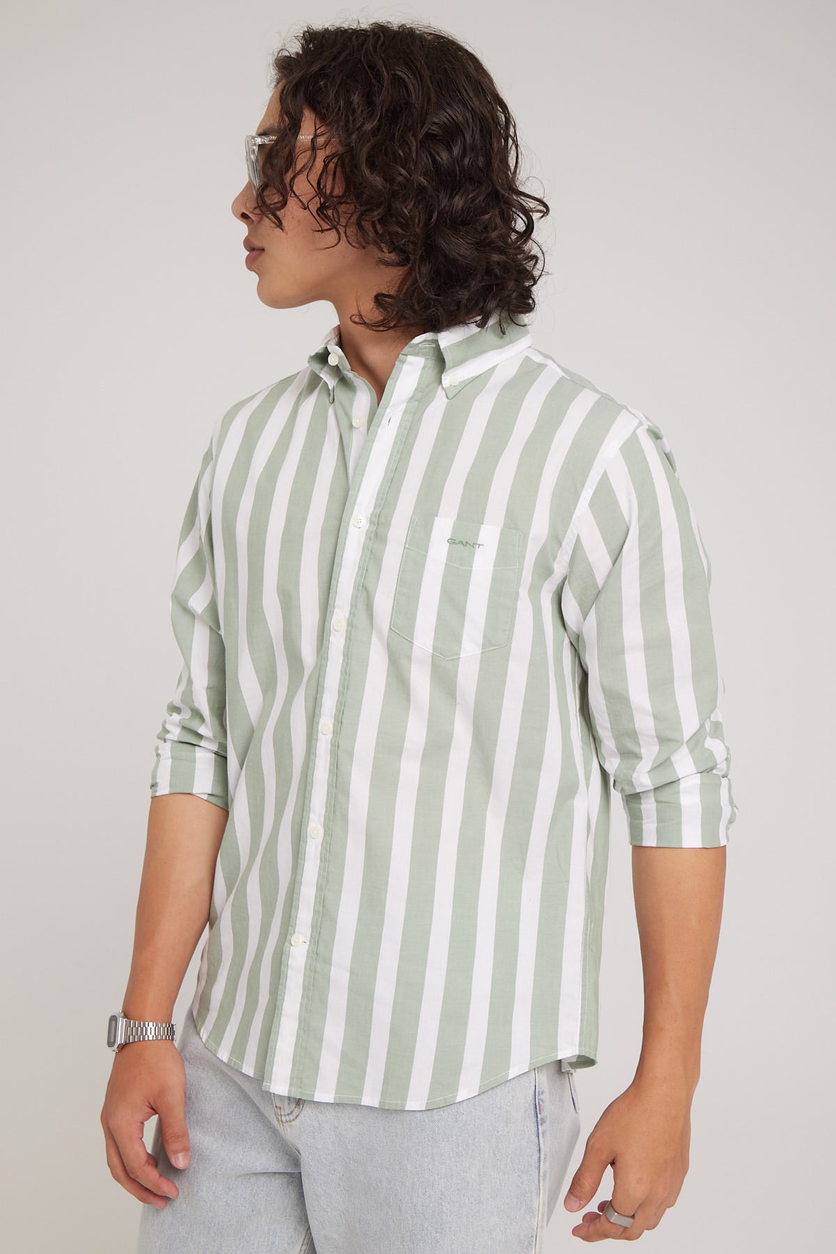 Gant Wide Broadcloth Stripe Long Sleeve Shirt Kalamata Green