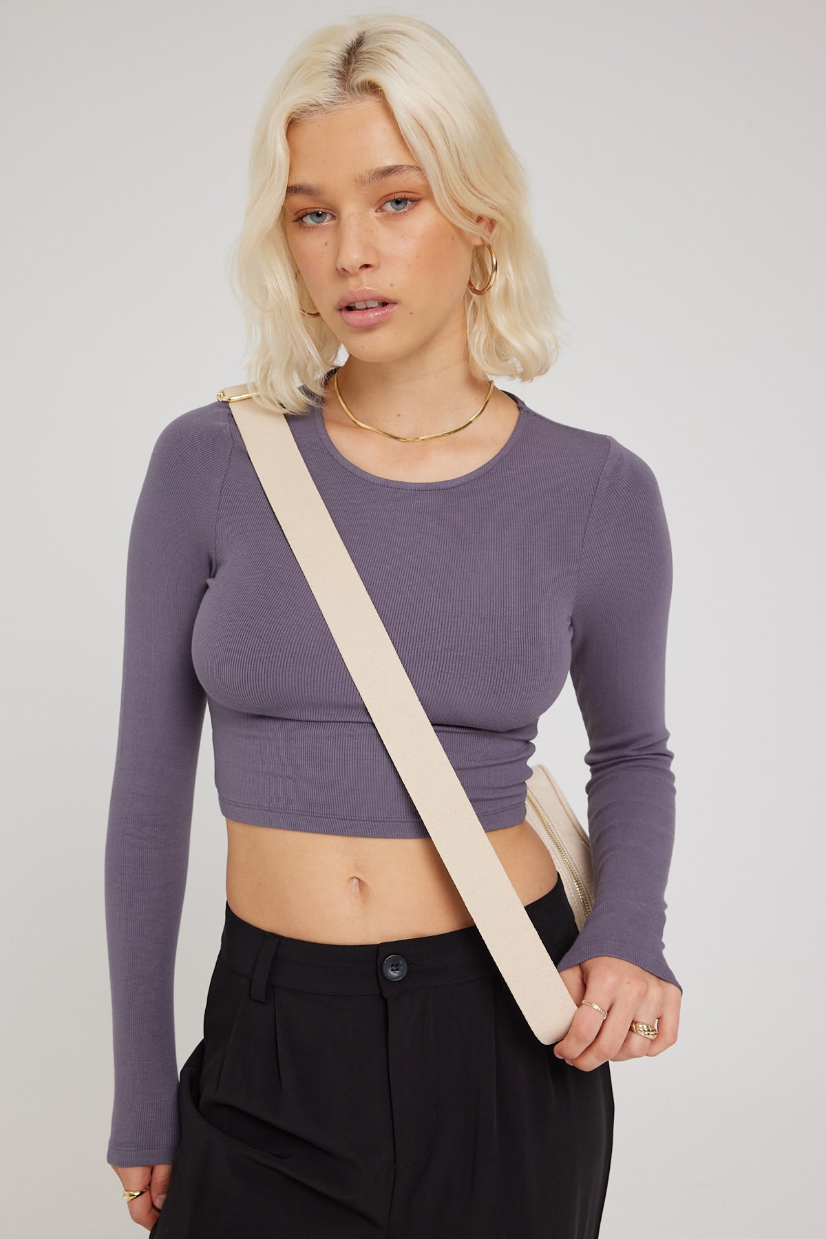 L&t Cropped Long Sleeve Basic Top Charcoal
