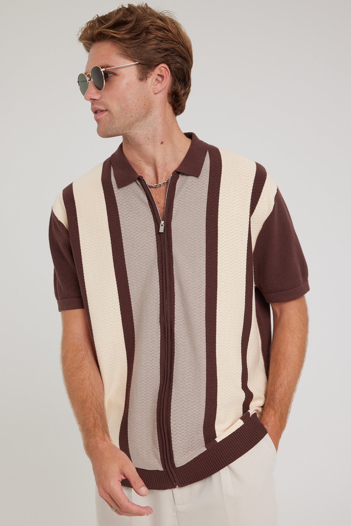 Common Need Bel Air Zip-Through Shirt Brown Stripe