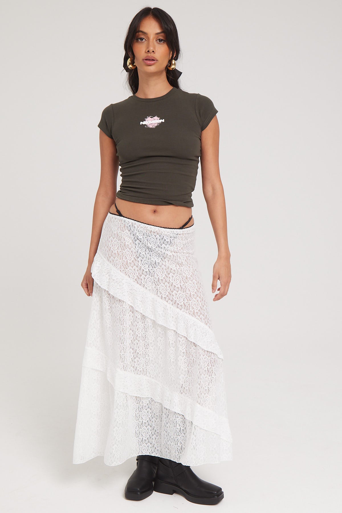 Luck & Trouble Sheer Lace Midi Skirt White