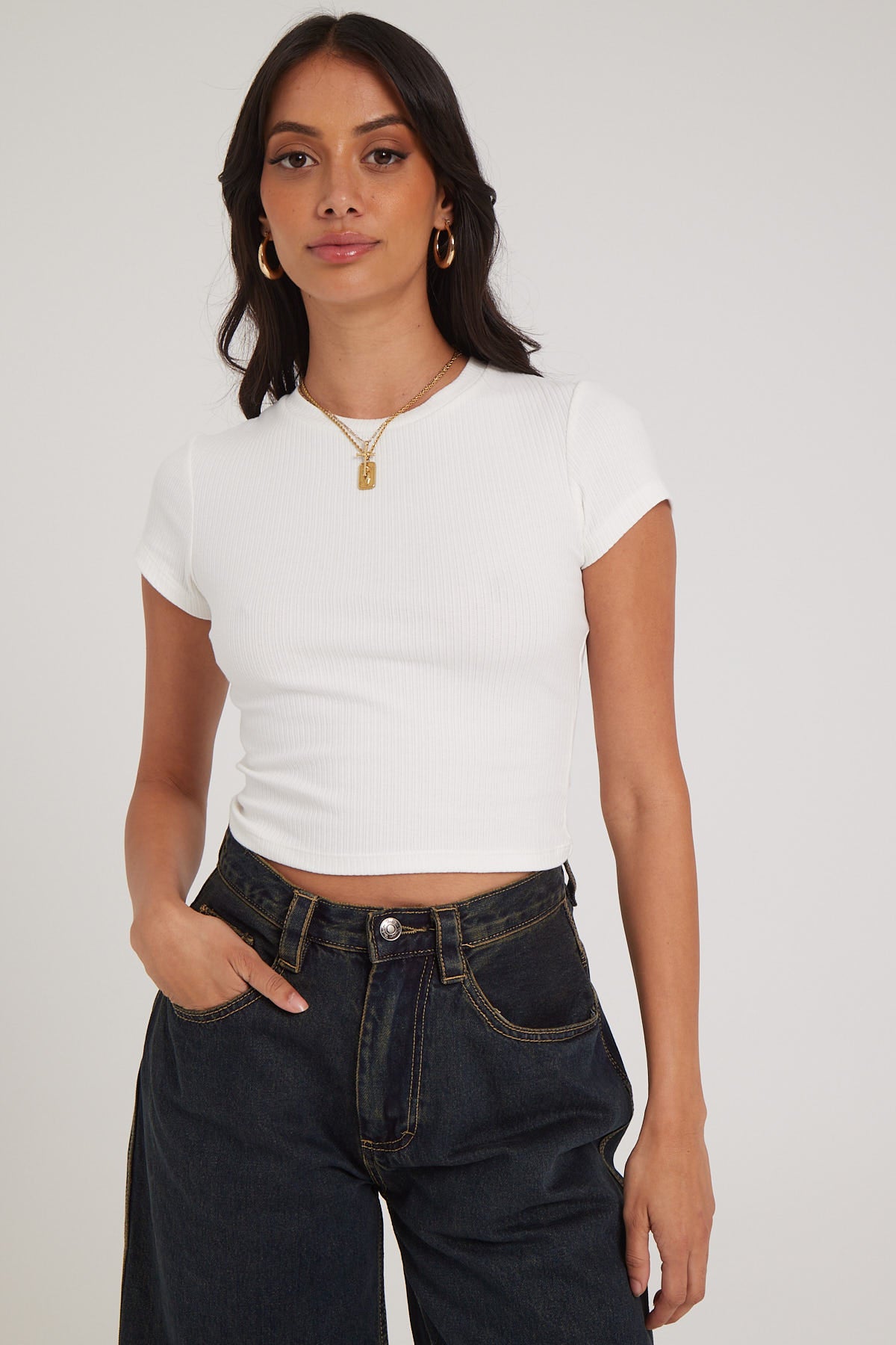 L&t Pointelle Cropped Baby Tee White