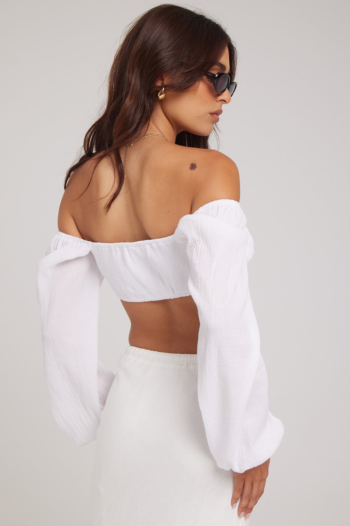 Luck & Trouble Summer Ruched Long Sleeve Crop Top White