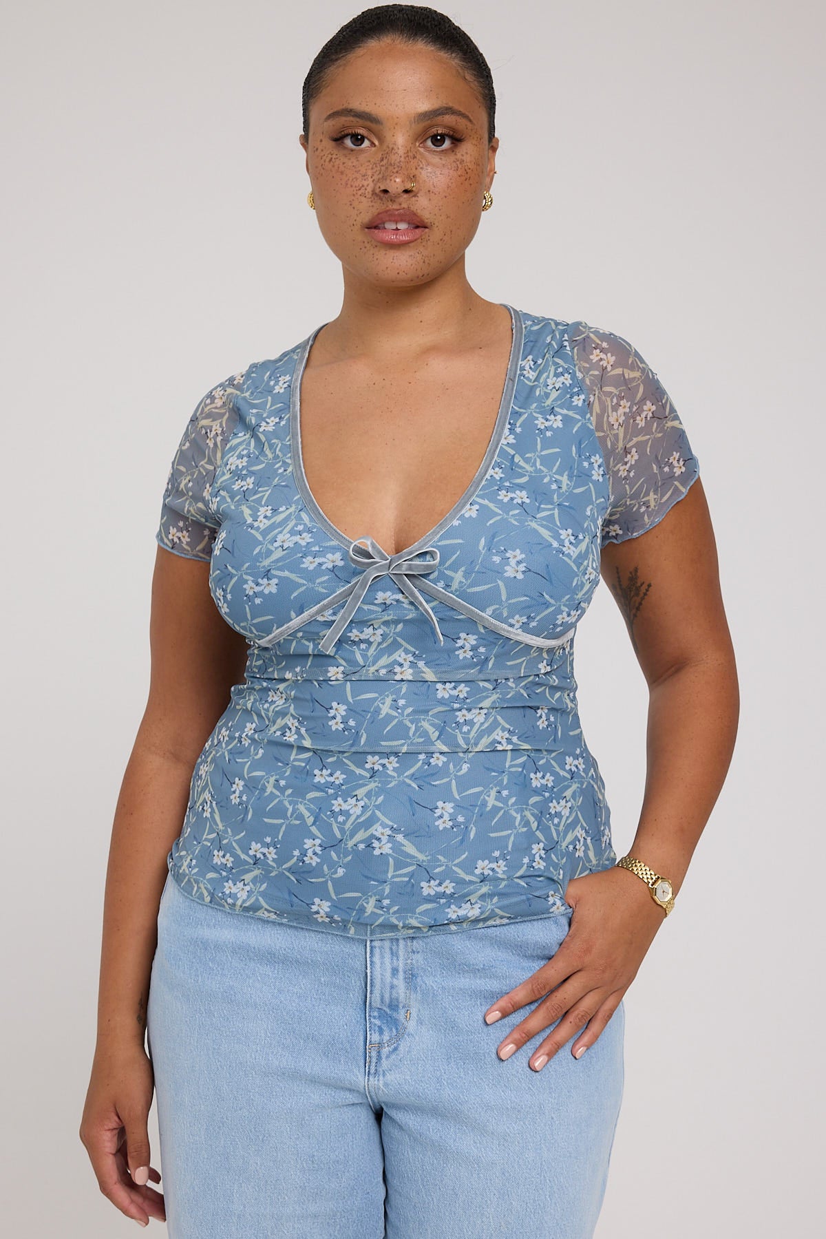 Luck & Trouble Daffodil Muse Recycled Mesh Top Blue Print