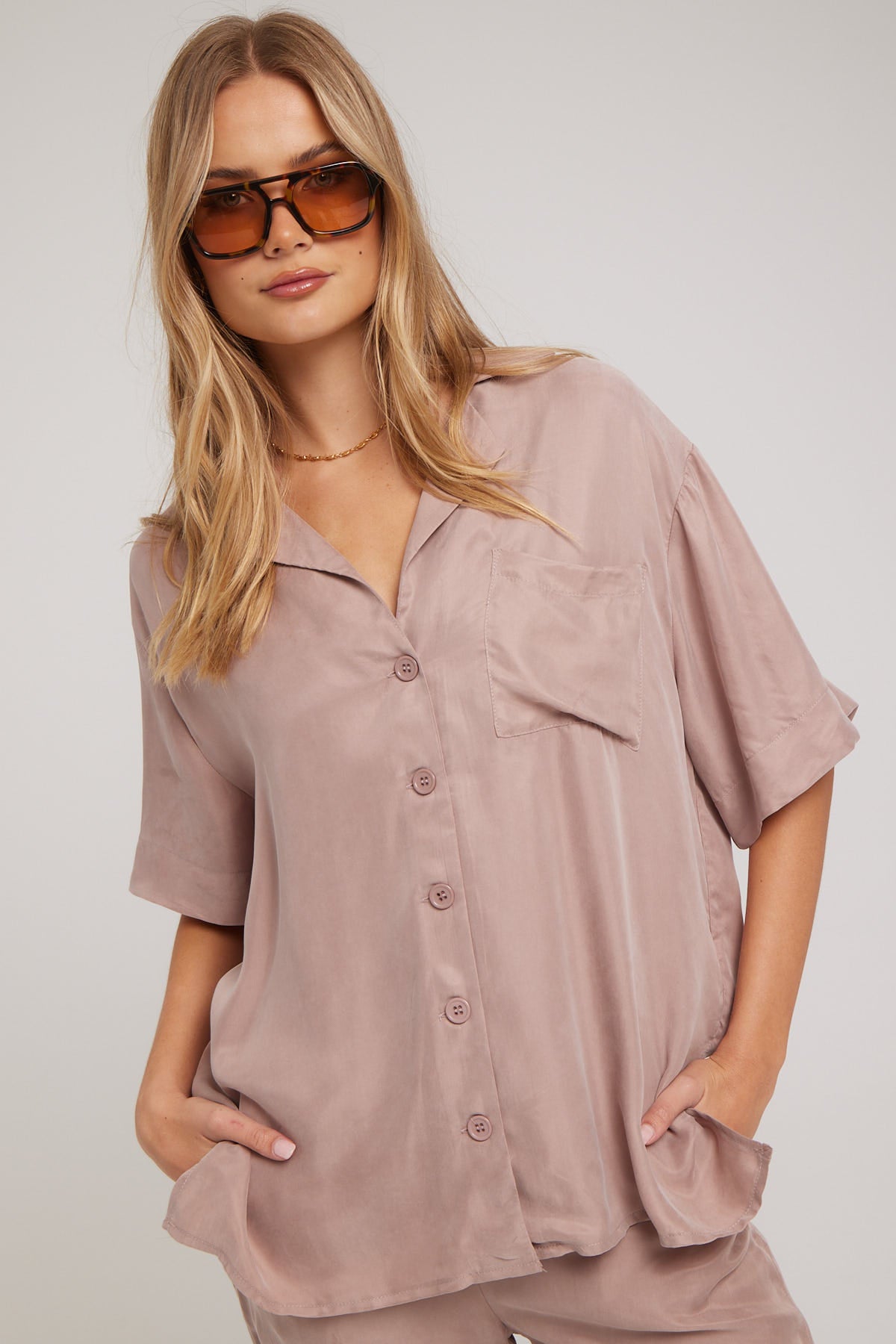 Perfect Stranger Ace Cupro Button Up Shirt Taupe