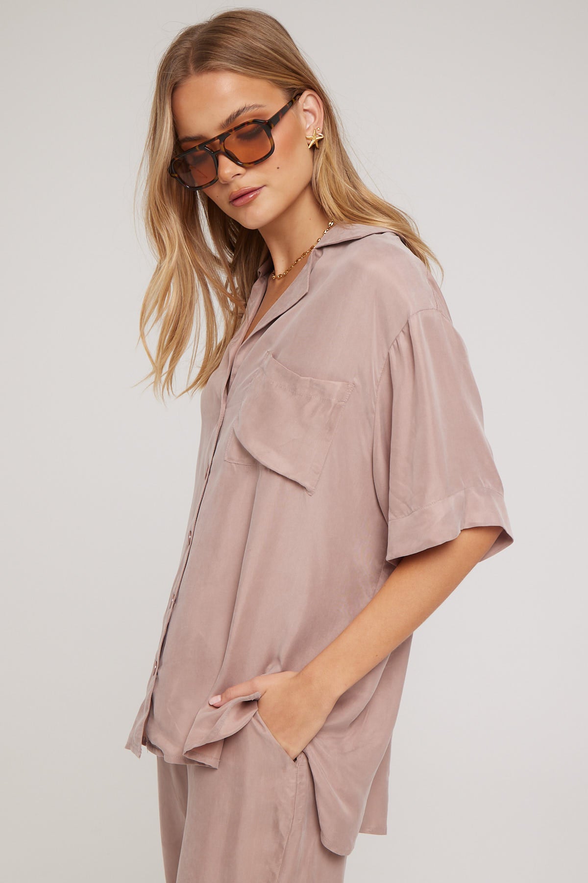 Perfect Stranger Ace Cupro Button Up Shirt Taupe