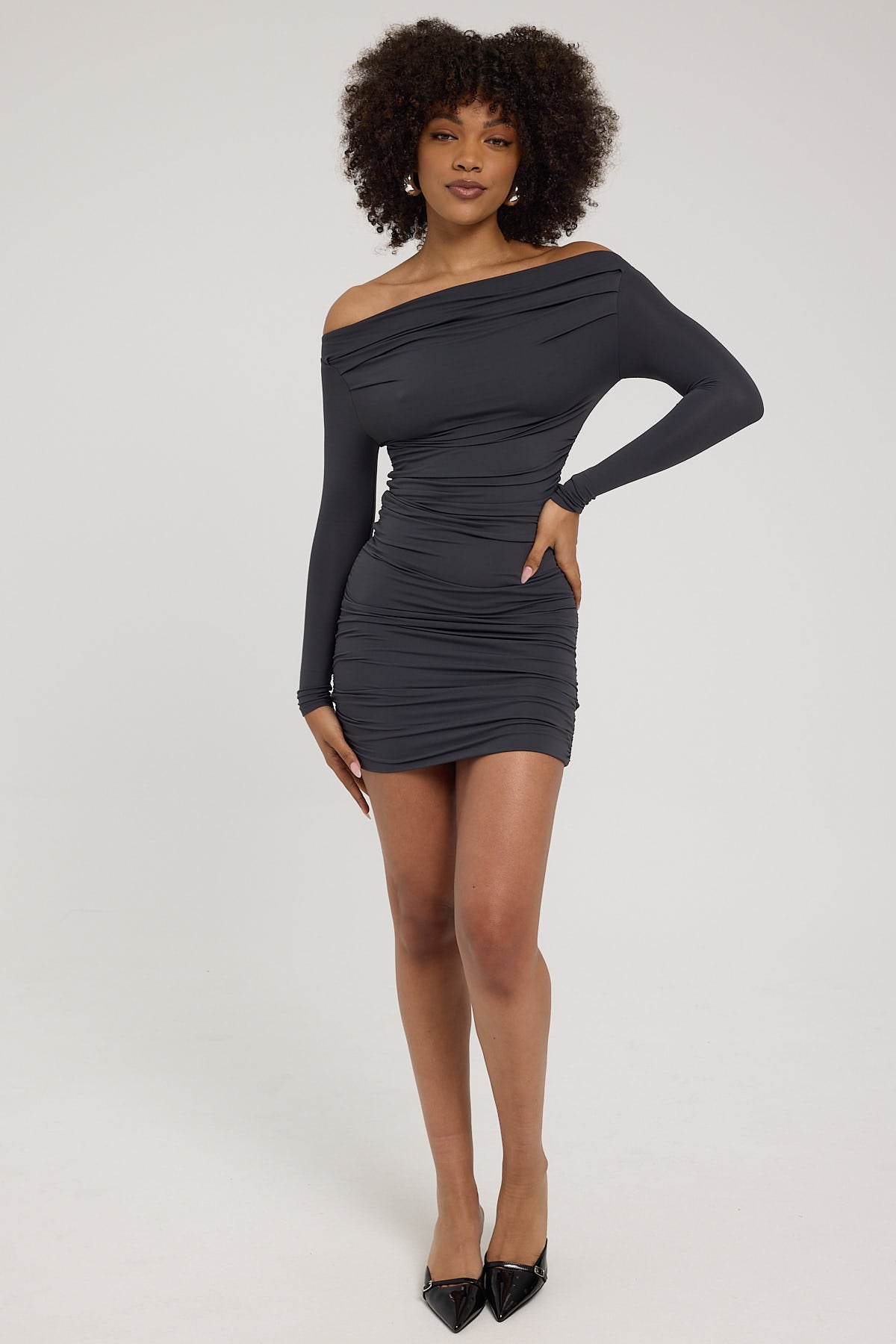 Luck & Trouble Raquel Ruched Long Sleeve Mini Dress Charcoal