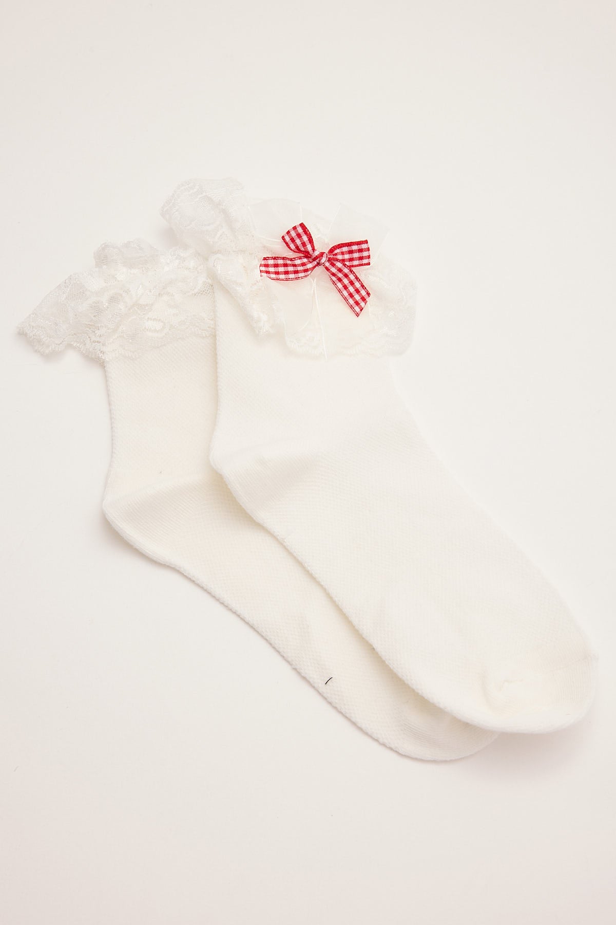Token Lace Frill Gingham Bow Sock White