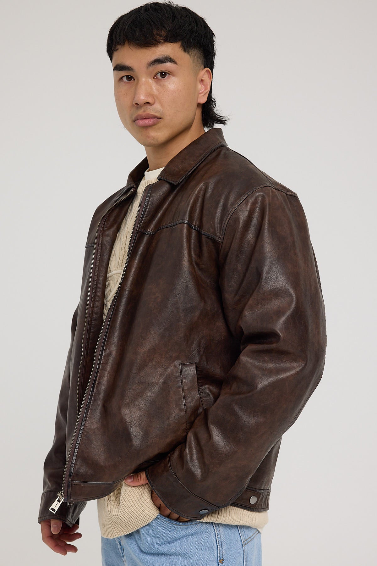 Common Need Pilot PU Leather Jacket Brown