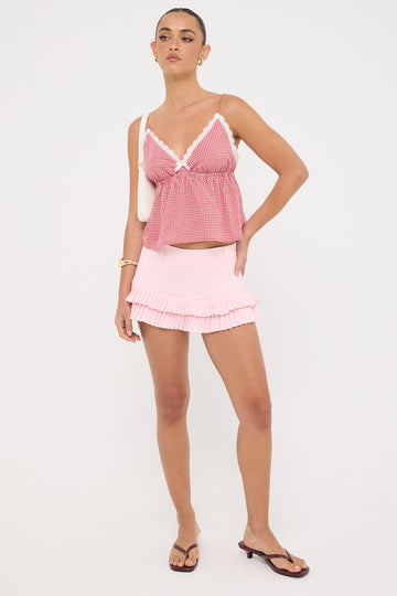 Luck + Trouble Gingham Garden Top Red Print