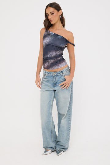 Luck + Trouble Sabina Twist Off Shoulder Top Black Print