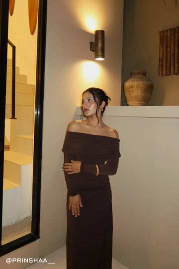Perfect Stranger Rosetta Off Shoulder Long Sleeve Maxi Dress Ash Brown