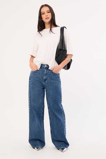 Perfect Stranger Mid Rise Studded Jean Mid Blue Denim