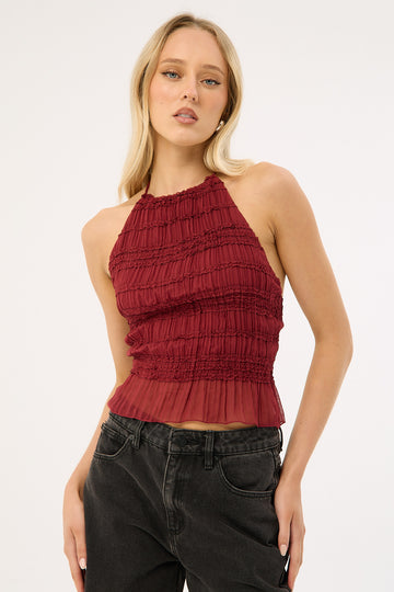 Luck + Trouble Marisole Halter Gathered Tie Top Burgundy