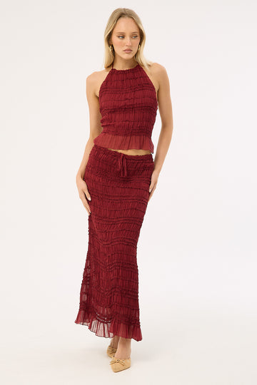 Luck + Trouble Marisole Gathered Maxi Skirt Burgundy