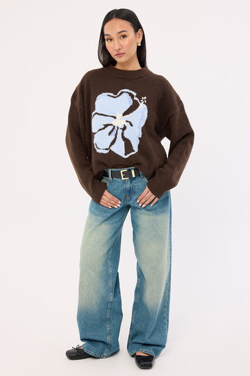 Luck + Trouble Zinnia Intarsia Knit Jumper Brown