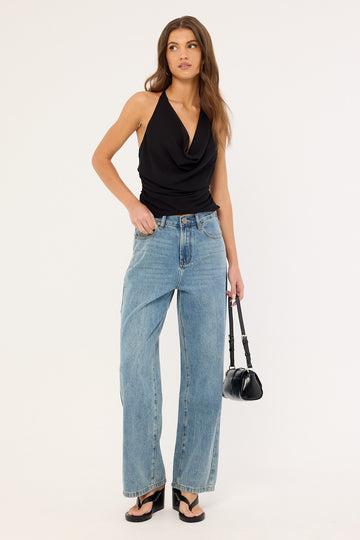 One Teaspoon Baxters Mid Waist Wide Leg Denim Jeans Blue Crush