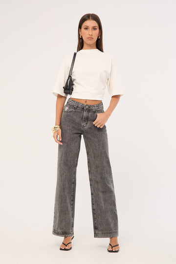 One Teaspoon Jackson Mid Waist Wide Leg Denim Jeans Rocco Grey Black
