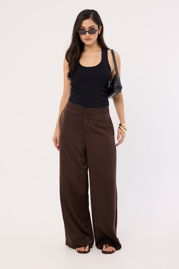 Perfect Stranger Ellie Satin Mid Rise Pants Brown