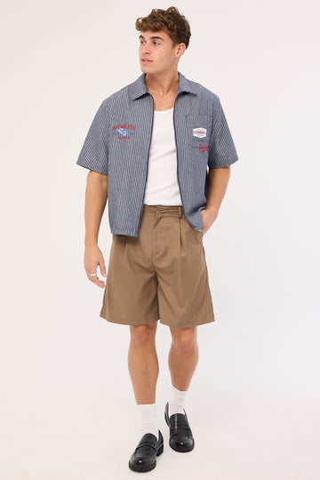 Common Need RevWorks Zip Through Boxy Cropped Shirt Navy Stripe