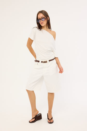 Motel Low Rise Denim Skater Shorts True White