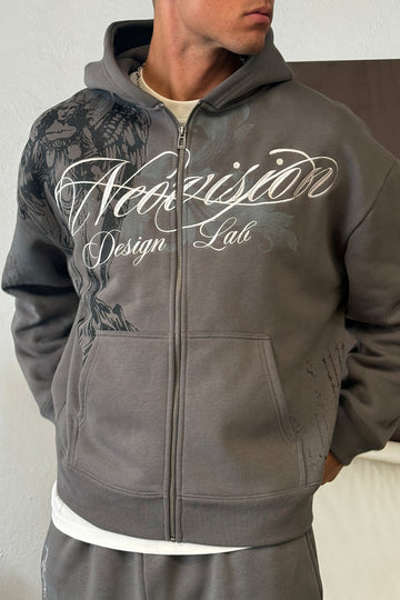 Neovision Seraph Zip Through Cropped Street Hoodie Smoke Grey