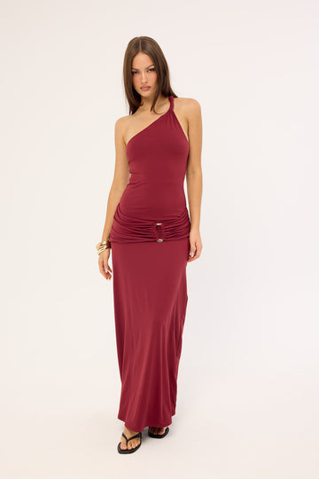 Luck + Trouble Madalie One Shoulder Maxi Dress Burgundy