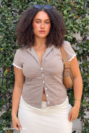 Luck + Trouble Frankie Cap Sleeve Blouse Brown Gingham