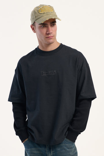 Thrills Web Of Deceit Layer Box Crop Oversize Long Sleeve Tee Faded Black