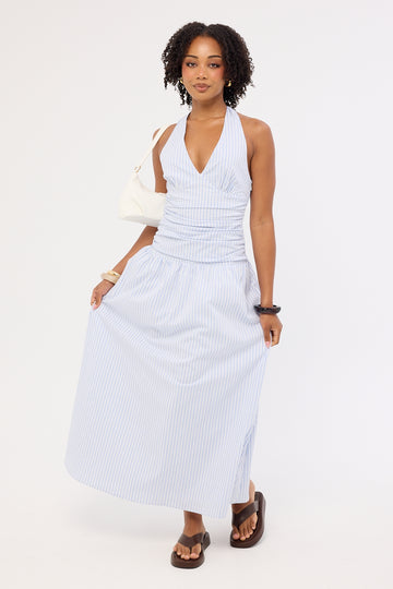 Perfect Stranger Skye Stripe Halter Maxi Dress Blue Stripe