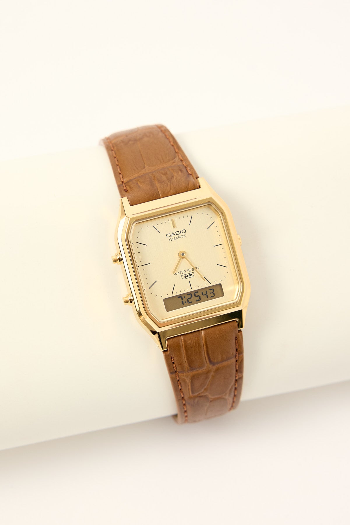 Casio AQ230EGL-9 Duo Watch Gold/Tan Croc PU Strap Universal Store Casio AQ230EGL-9 Duo Watch Gold/Tan Croc PU Strap Universal Store