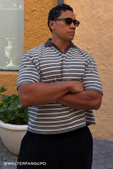 Common Need Porto Boxy Cropped Polo Dark Grey Stripe