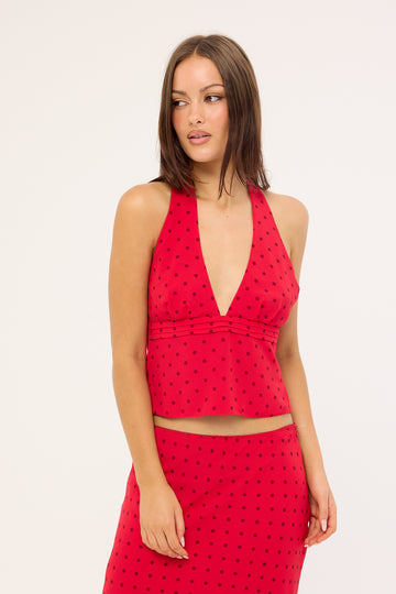 Luck + Trouble Lorelai Polka Halter Top Red Print