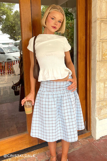 Luck + Trouble Asher Wrap Midi Skirt Blue Check