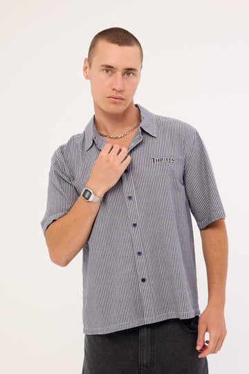 Thrills Web Of Deceit Box Fit Cropped Short Sleeve Shirt Navy Stripe