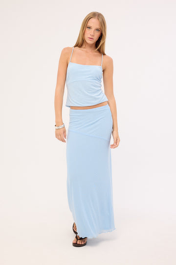 Luck + Trouble Shimmer Asymmetrical Midi Skirt Blue