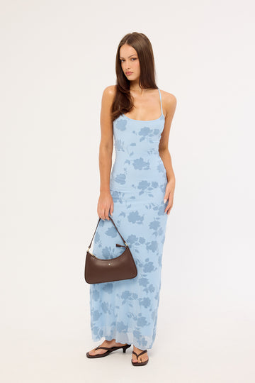 Luck + Trouble Claudia Lace Up Flocking Maxi Dress Blue