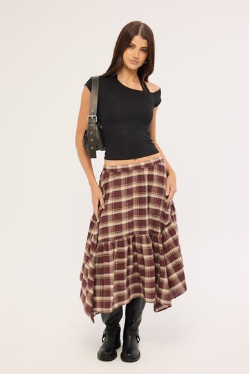 Luck + Trouble Vintage Check Midi Skirt Brown Print