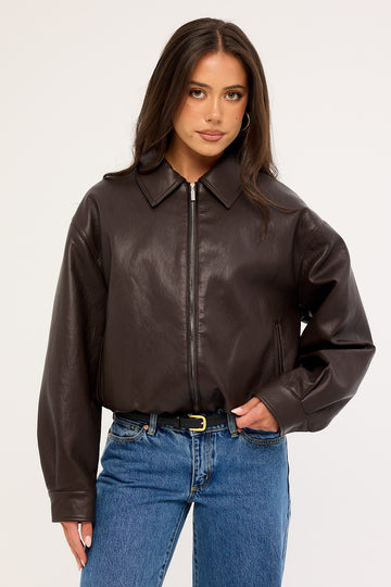 Perfect Stranger Jude Bubble Faux Leather Bomber Jacket Brown
