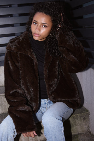 Perfect Stranger Riley Cropped Faux Fur Jacket Brown