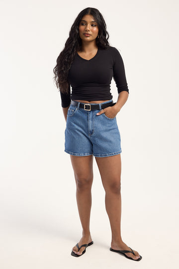 Perfect Stranger High Rise Denim Shorts Mid Blue Denim