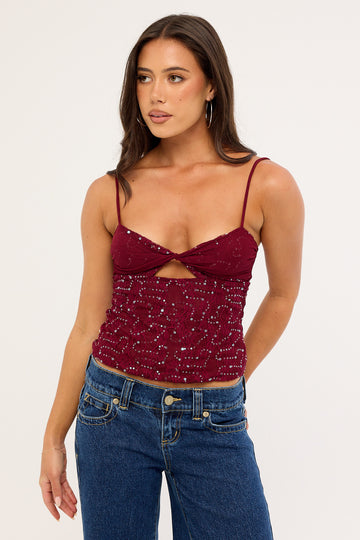 Luck + Trouble Celina Sequin Lace Cami Top Burgundy