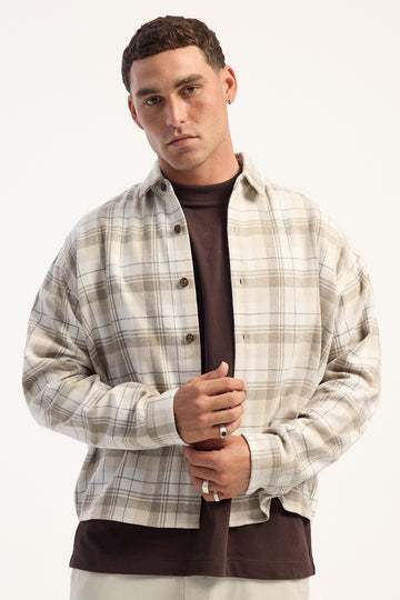 Common Need Preston Cropped Flannel Overshirt Off White
