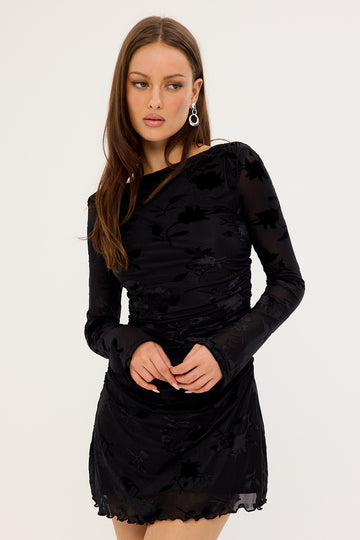 Luck + Trouble Ulla Flocked Long Sleeve Mini Dress Black