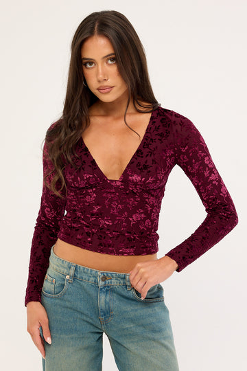 Luck + Trouble Bridie Flocked Long Sleeve V Neck Top Burgundy