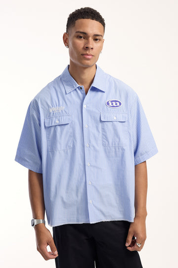 Worship Morality Box Crop Short Sleeve Work Shirt Light Blue