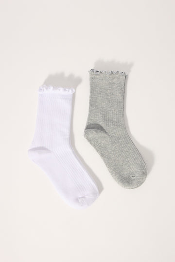 Luck + Trouble Louise Lettuce Trim Sock 2 Pack White and Grey